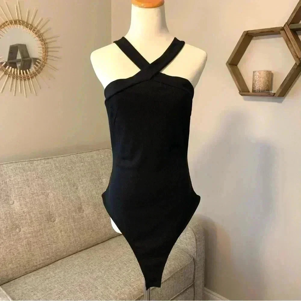 SHEIN black cross neck bodysuit